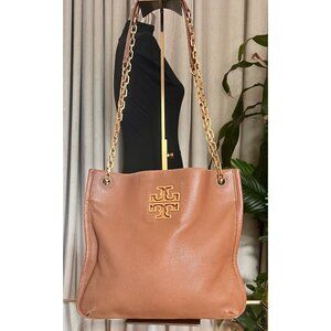 Tory Burch Tan Leather Britten Shoulder Bag With Gold Chain Strap & Logo Detail